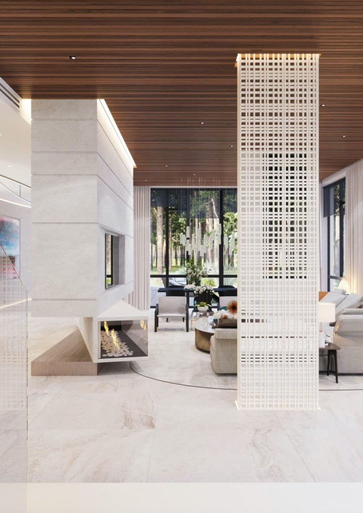 камін в інтер'єрі залу