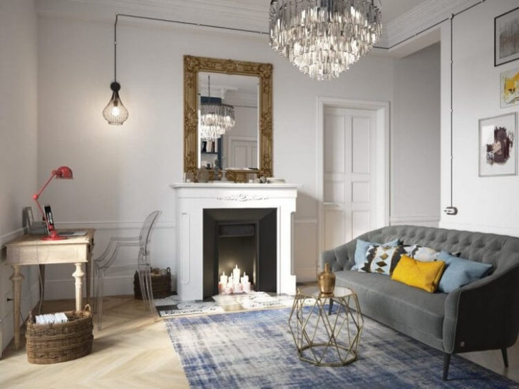 камін в інтер'єрі залу